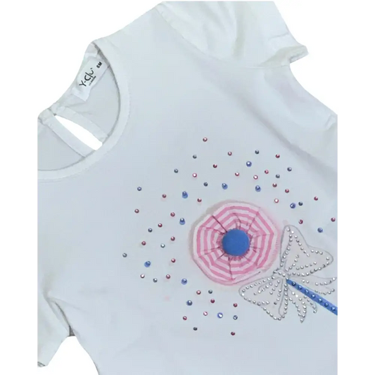 Maglietta bianca Y-Clù con decorazione floreale e perline colorate t-shirt bambina fiori