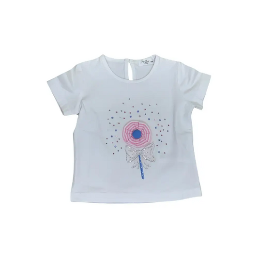 Maglietta Y-Clù bianca per bambina con stampa floreale e fiocco centrale t-shirt bambina fiori