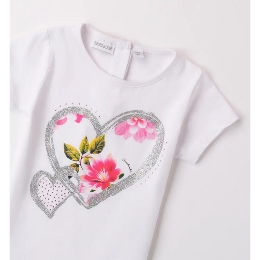 Maglietta bianca Sarabanda con stampa cuore e fiori rosa decorati con glitter argento