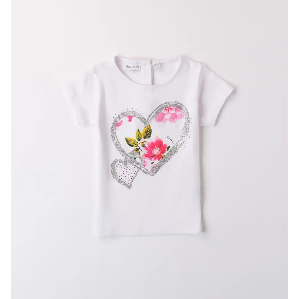 Maglietta bianca Sarabanda con cuore decorato da fiori rosa e glitter argentati per bambina
