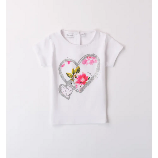 Maglietta bianca Sarabanda con cuore decorato da fiori rosa e glitter argentati per bambina