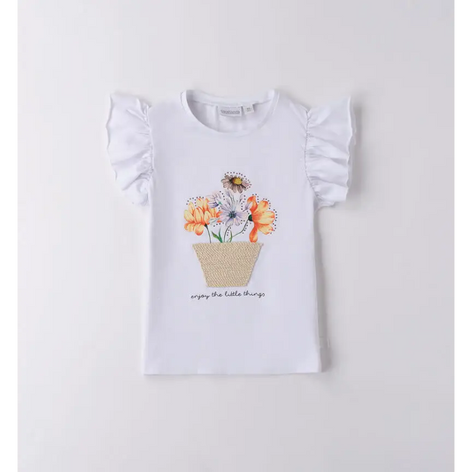 Maglietta Sarabanda bianca con maniche arruffate e t-shirt disegni floreali bambina colorati sul davanti