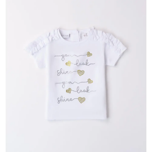 T-shirt estiva bambina Sarabanda bianca con cuori dorati e dettagli arricciati sulle maniche