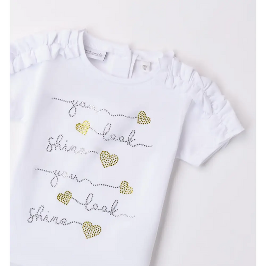 T-shirt estiva bambina Sarabanda bianca con cuori dorati e scritte decorative sulle maniche arricciate