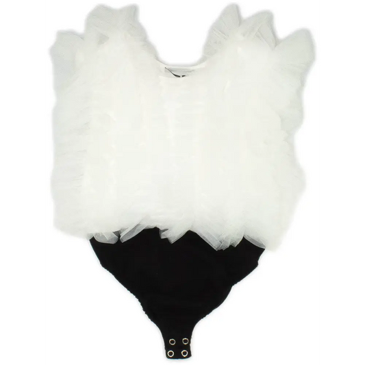 top elegante tulle ragazza body nero con sovrapposizione di balze di tulle bianche e chiusura con bottoni a pressione