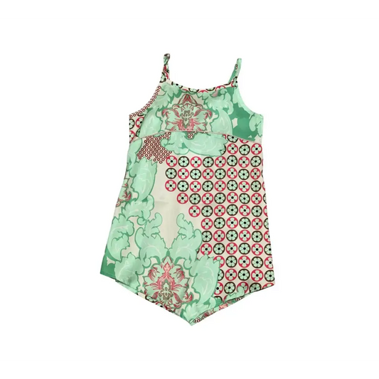 Top estivo fantasia per ragazza Y-Clù con spalline sottili e stampa floreale e geometrica verde e rosa