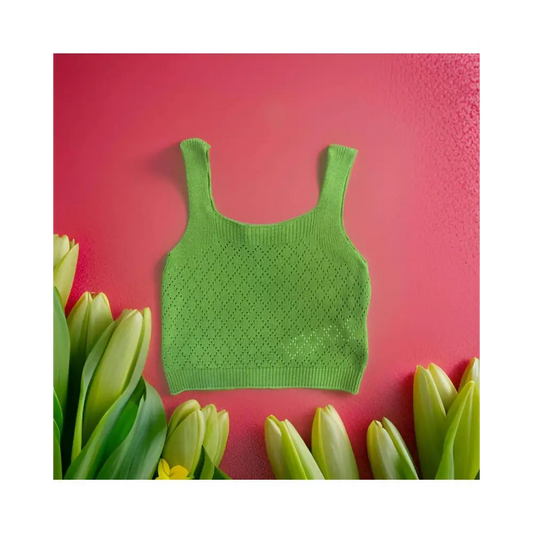 Top Verde per bambina e ragazza a maglia traforata senza maniche con scollo quadrato
