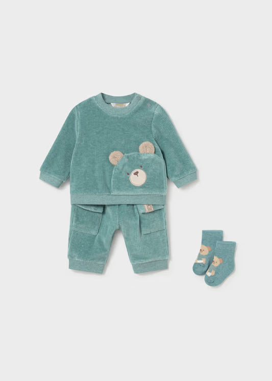 Tuta Neonato con Orsetto e Calzini Coordinati – Completo Verde 3 Pezzi