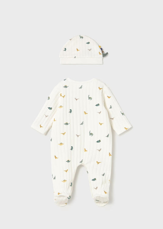 Tutina con cappello dinosauro neonato Mayoral in cotone con stampa di dinosauri colorati