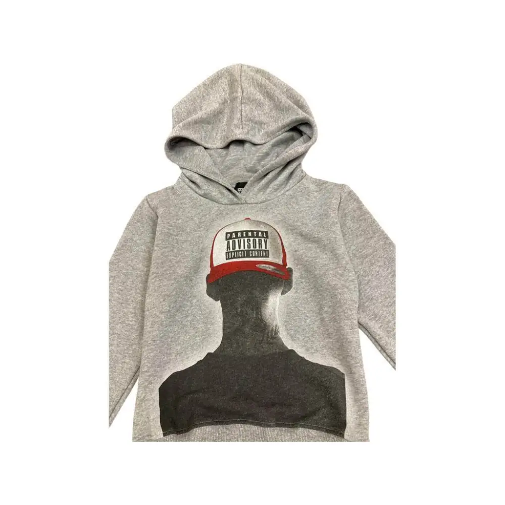 felpa bambino con cappuccio Parental Advisory grigia con stampa silhouette frontale e cappellino rosso
