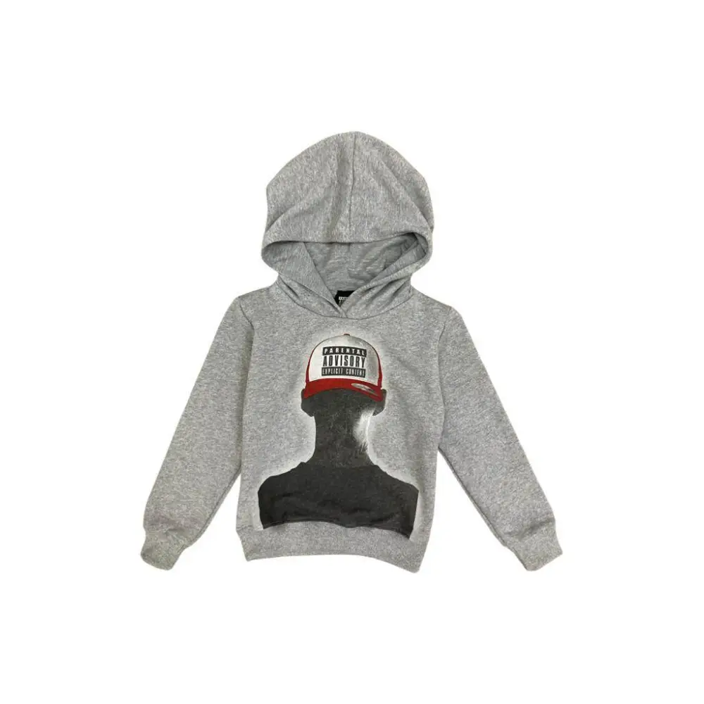 felpa bambino con cappuccio Parental Advisory grigia con stampa silhouette e berretto con etichetta Parental Advisory