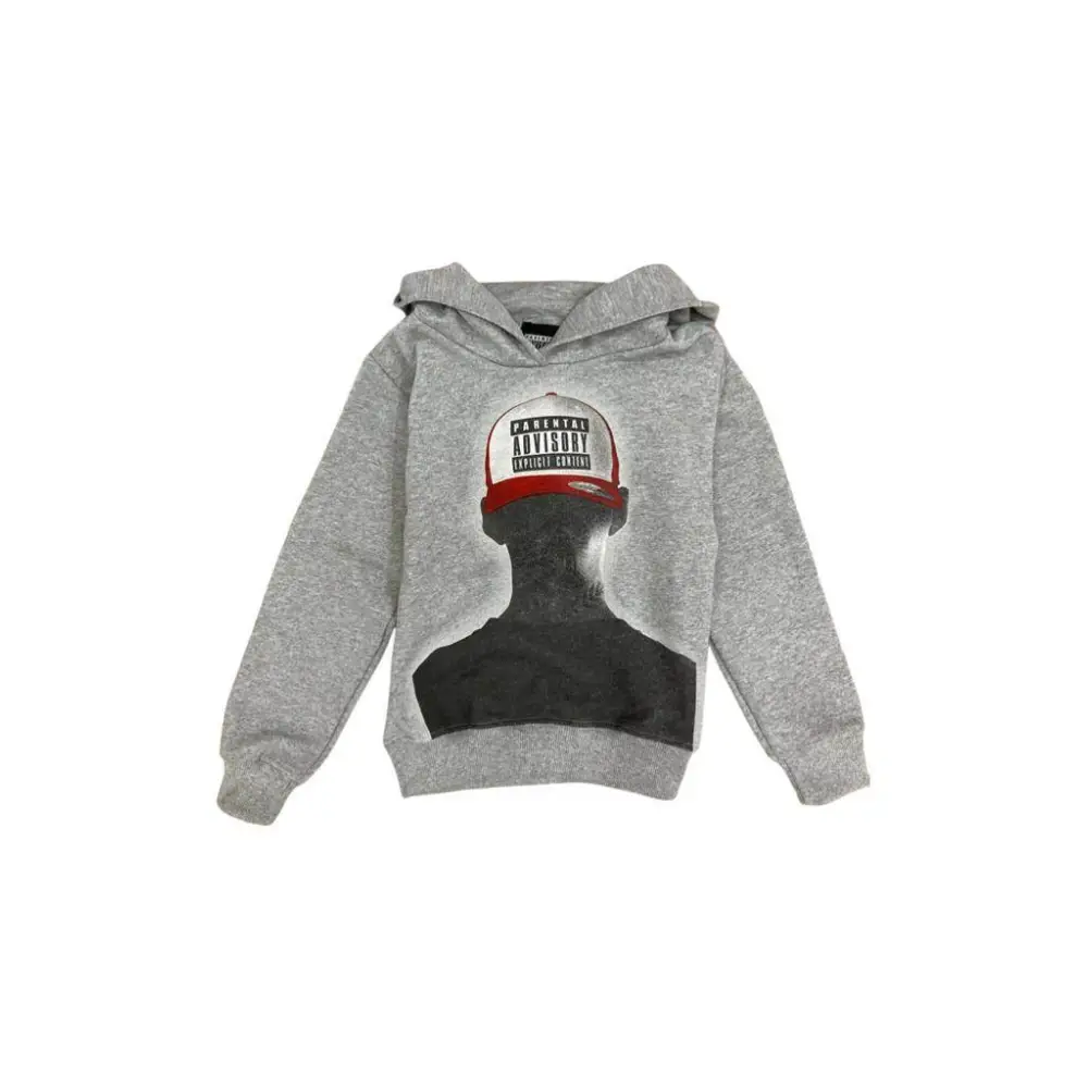 felpa bambino con cappuccio Parental Advisory grigia con stampa silhouette e cappellino rosso ideale per il tempo libero