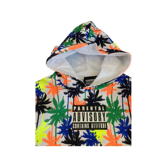 felpa bambino Parental Advisory 8-16 anni con cappuccio stampa palme colorate e logo frontale nero