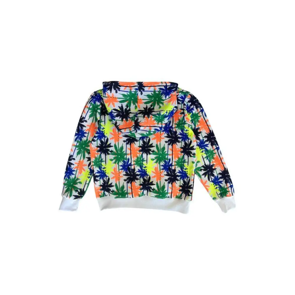 felpa bambino Parental Advisory 8-16 anni con cappuccio stampa palme multicolore maniche lunghe e polsini bianchi