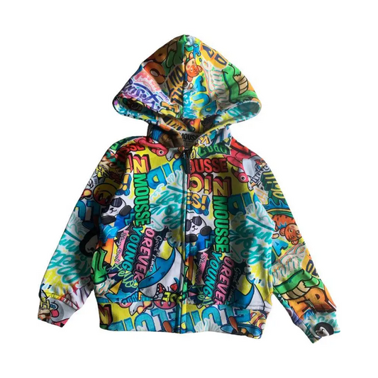 felpa colorata bambino 2-10 anni Mousse con cappuccio e zip stampa graffiti multicolore per gioco