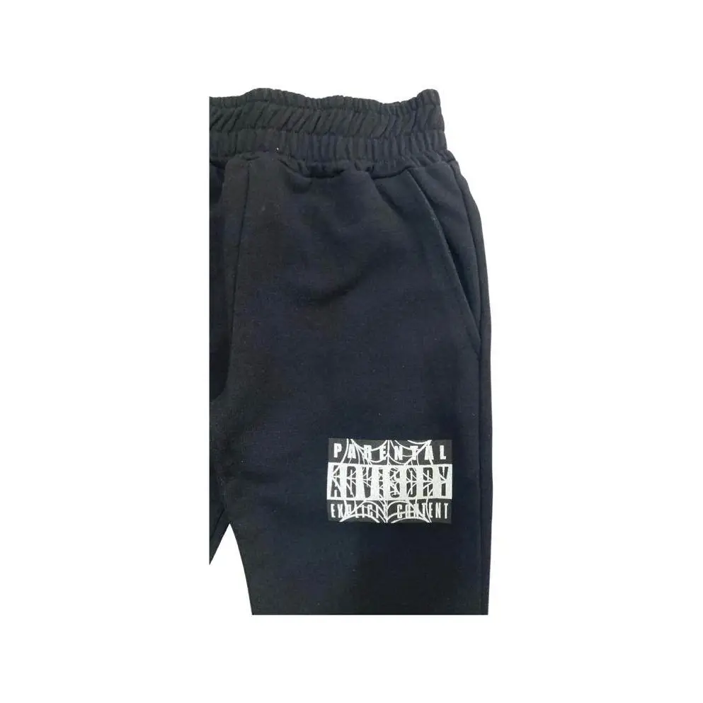 pantaloni bambino Parental Advisory neri in felpa con vita elastica tasche laterali e logo bianco sulla coscia