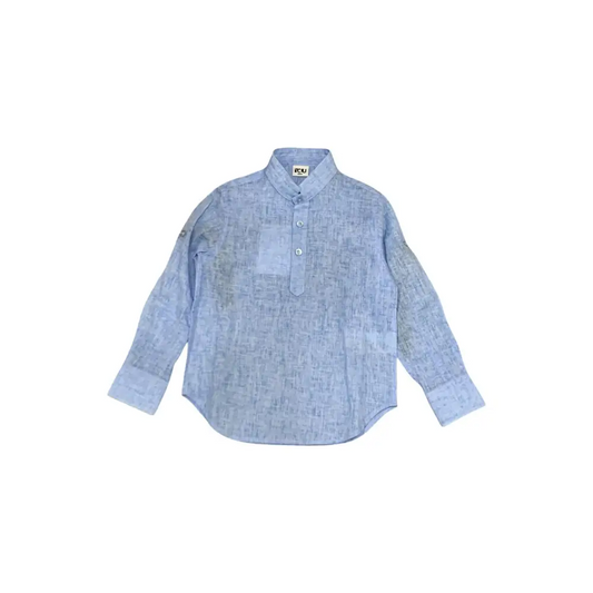 camicia coreana bambino azzurro in lino leggero manica lunga colletto alla coreana e bottoni