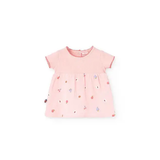 Vestito rosa neonata floreale Boboli in cotone leggero con maniche corte e stampa colorata