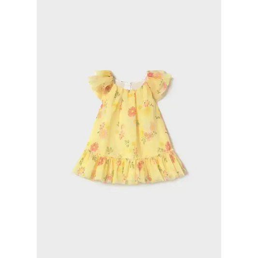 Vestito tulle neonata giallo con stampa floreale e maniche corte volant Mayoral