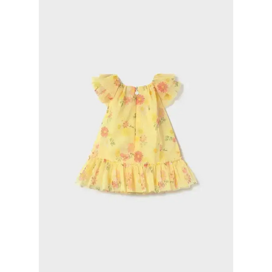 Vestito tulle neonata Mayoral giallo con stampa floreale e volant sulle maniche e orlo