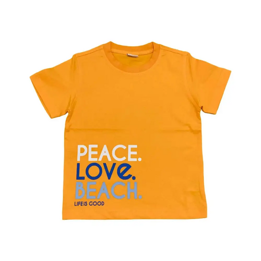 COMPLETO CORTO FANTASIA BAMBINO Y-CLU maglietta gialla con scritte colorate peace love beach