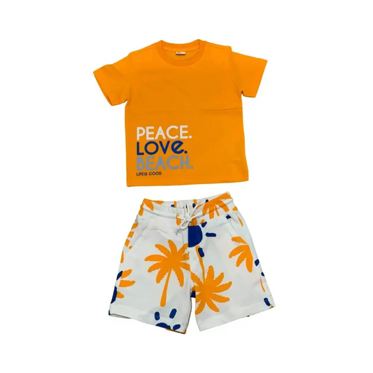 COMPLETO CORTO FANTASIA BAMBINO Y-CLU maglietta arancione con scritta e pantaloncini fantasia palme