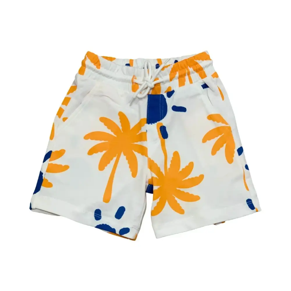 Pantaloncini con fantasia di palme arancioni e blu completano il completo corto fantasia bambino Y-CLU