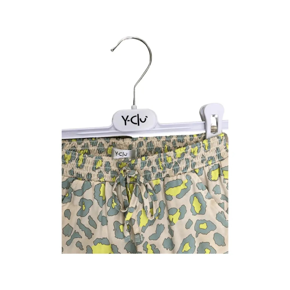 pantalone bambino Y-Clu 3-7 anni in cotone con vita elasticizzata e coulisse, stampa animalier verde e gialla