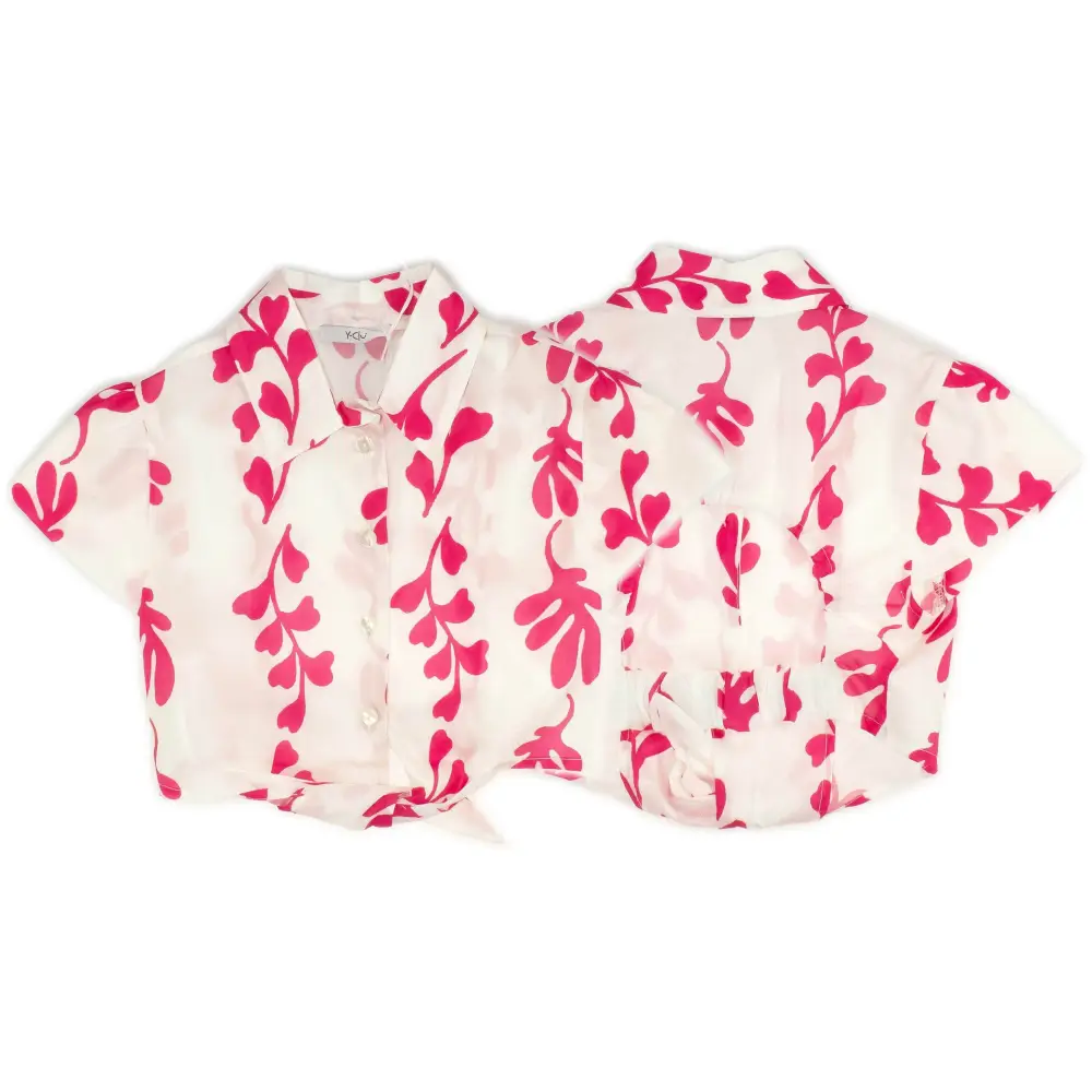 Camicia crop per bambina e ragazza . Camicia corta bianca con stampa foglie rosa, bottoni e colletto