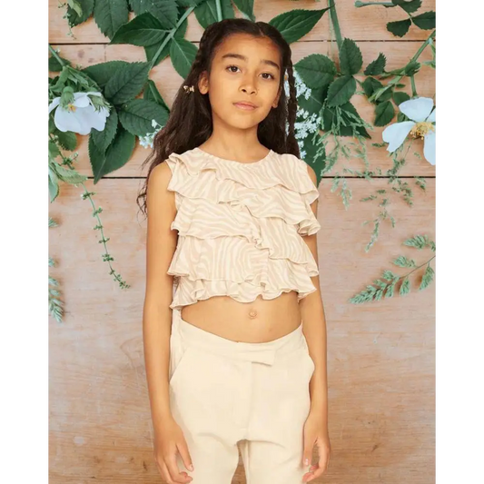 top elegante ragazza 8-16 anni corto beige a volant senza maniche in cotone leggero per cerimonie