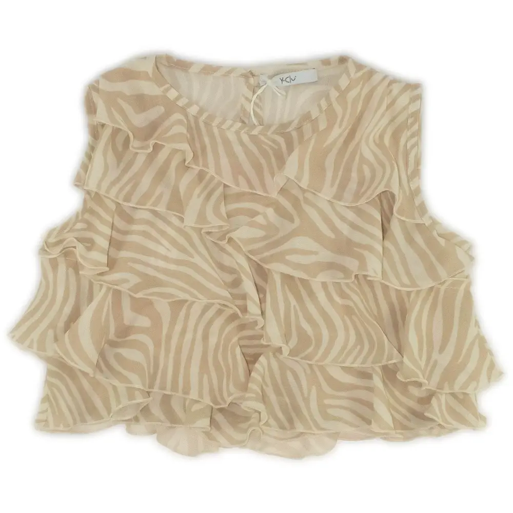 Top senza maniche in chiffon zebrato beige con volant minimal elegante per feste e cerimonie top elegante ragazza 8-16 anni