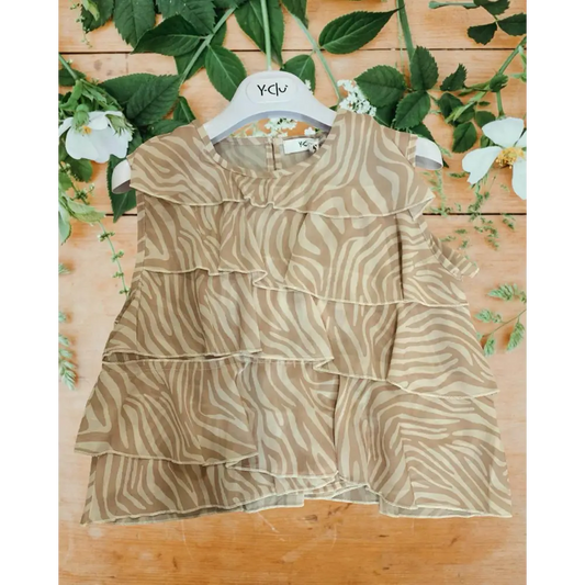 top elegante ragazza 8-16 anni Y Clu beige stampa zebra a balze senza maniche su gruccia