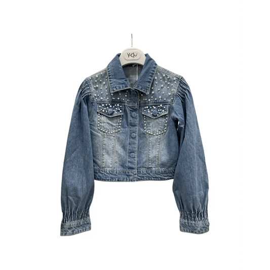 Y Clu giubbotto jeans bambina con perle corto in denim chiaro con tasche e maniche a sbuffo elastiche