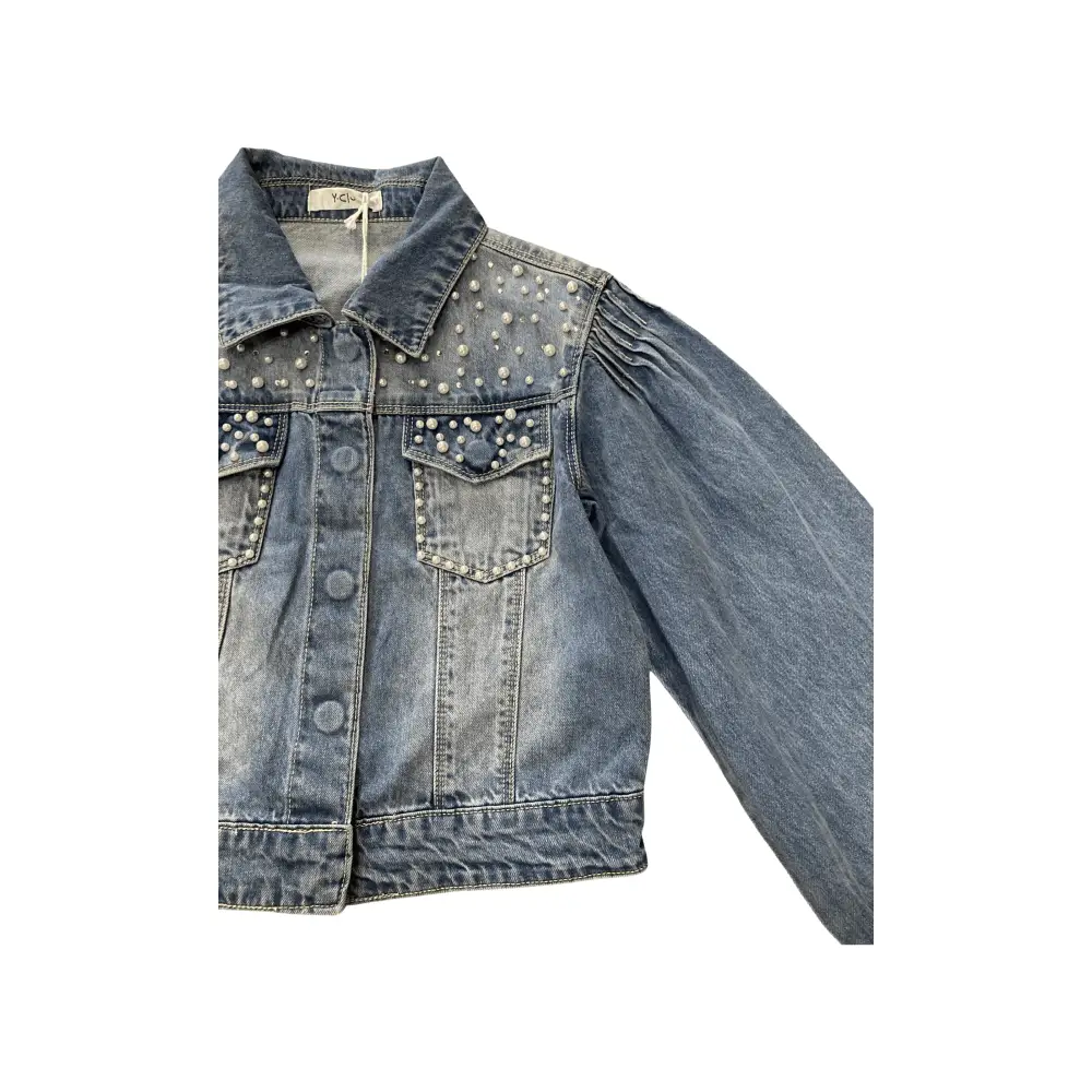 giubbotto jeans bambina con perle in denim azzurro stonewashed con collo classico bottoni frontali e tasche