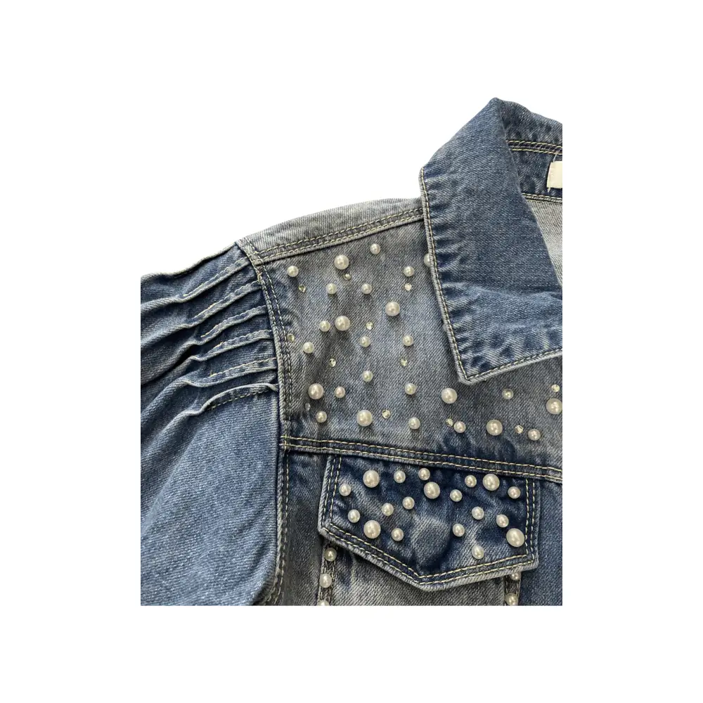 giubbotto jeans bambina con perle denim azzurro effetto vissuto maniche arricciate tasca frontale decorata