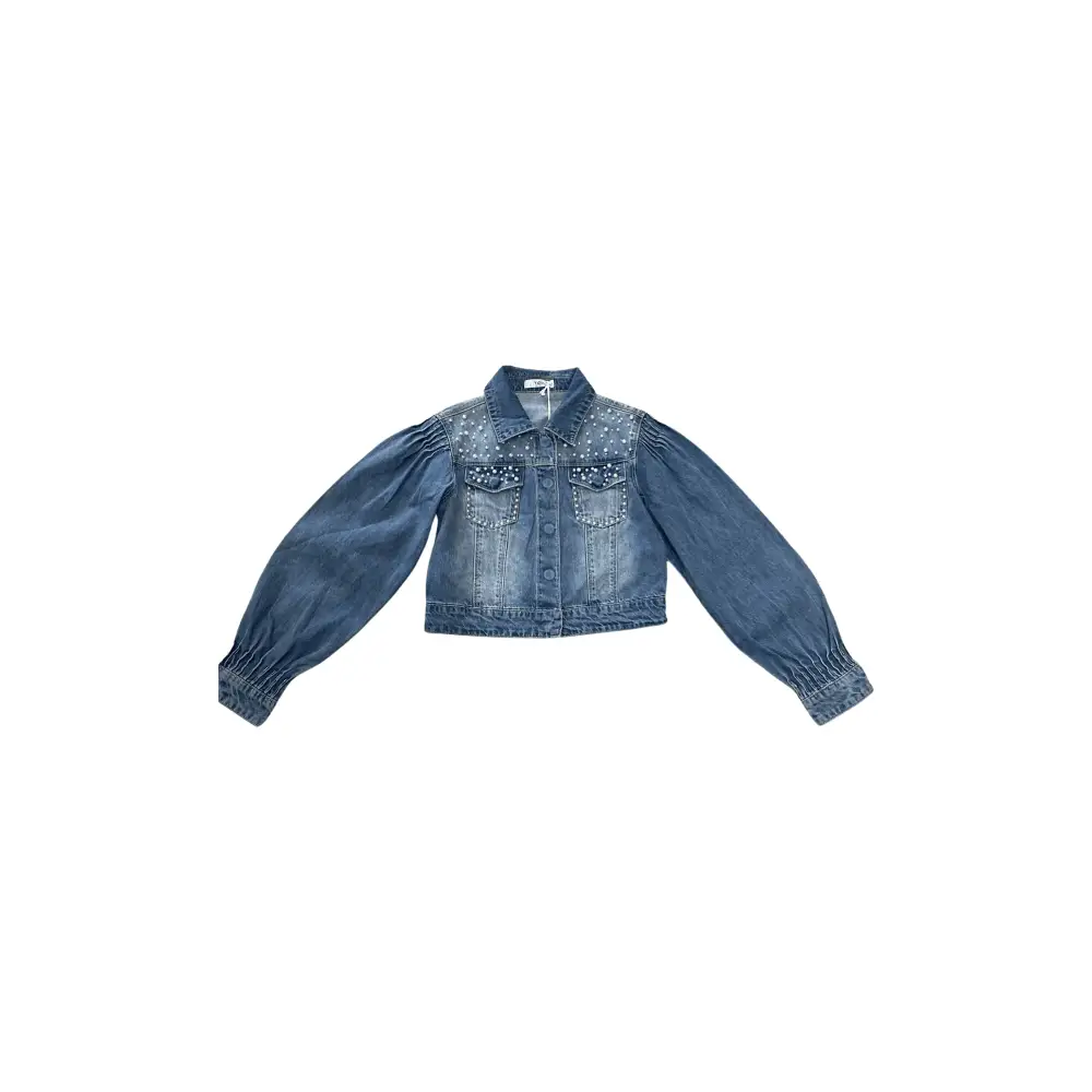 giubbotto jeans bambina con perle in denim blu chiaro cropped maniche a sbuffo e tasche con bottoni