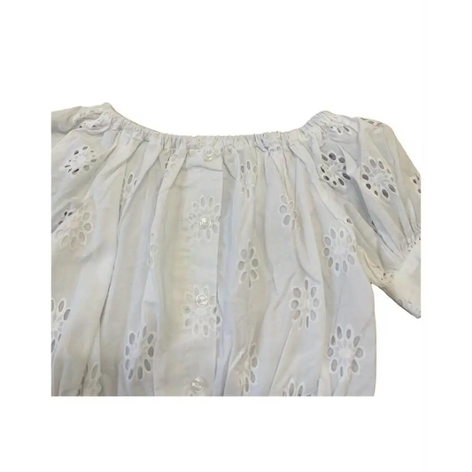 camicia crop pizzo bambina bianca scollo a barca elasticizzato maniche corte sbuffo in cotone