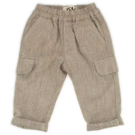 pantalone bambino 6-24 mesi in lino beige con vita elastica tasche cargo e risvolti sul fondo