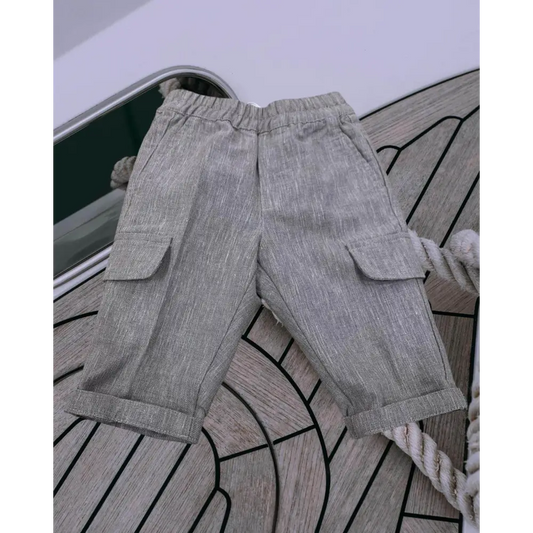 YClù pantalone bambino 6-24 mesi lino misto beige grigio tasche laterali elastico in vita risvolti