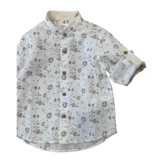 camicia coreana bambino fiori bianca con stampa floreale grigia, collo alla coreana, bottoni in legno e manica arrotolata