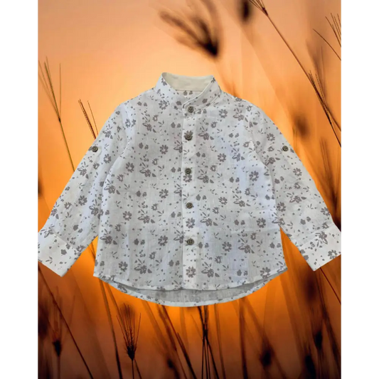 Camicia bianca a maniche lunghe con colletto alla coreana e stampa fiori, camicia coreana bambino fiori