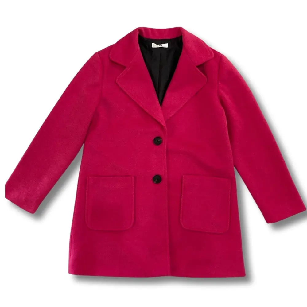 cappotto fuxia ragazza Yclù in lana con collo a rever due bottoni tasche frontali e fodera nera