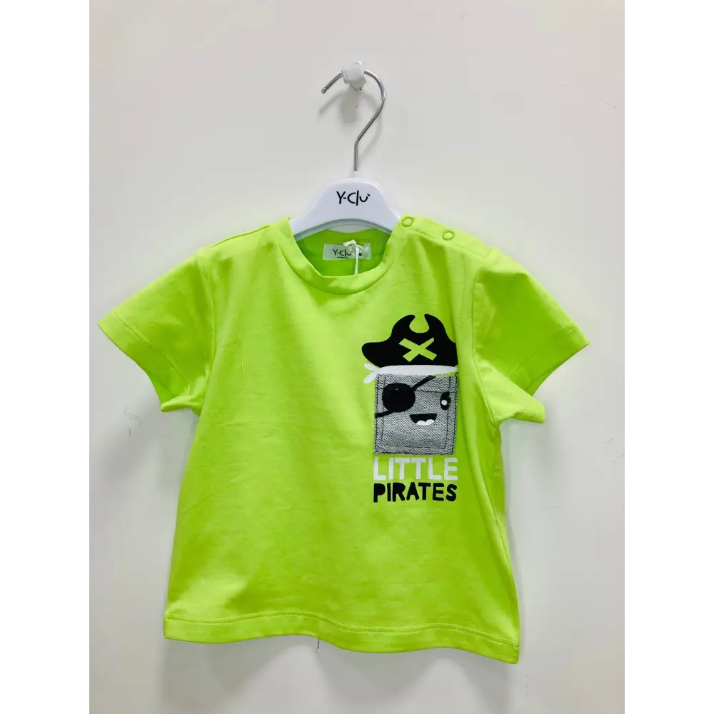 Completo corto bambino pirata maglietta verde neon maniche corte con taschino paillettes e stampa Little Pirates