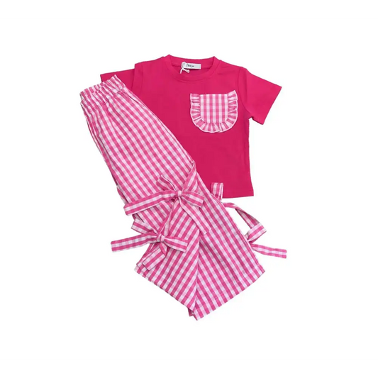 COMPLETO PANTALONI E MAGLIETTA BAMBINA FUXIA Y-CLU con pantaloni a quadri e maglietta fucsia manica corta