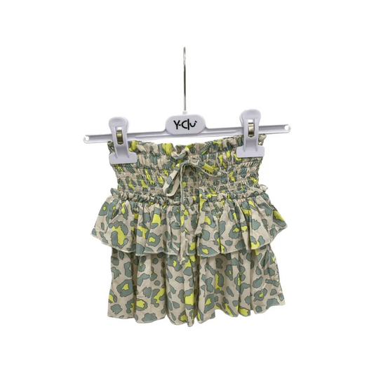 gonna bambina Yclù 3-7 anni corta con vita elasticizzata a smock fiocco frontale e balze in stampa animalier verde e grigio