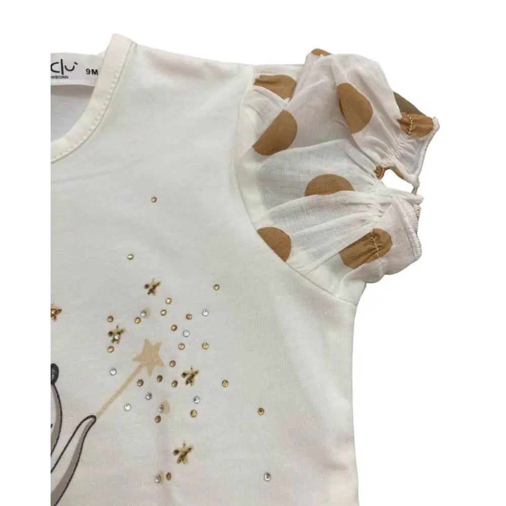 maglietta ballerina neonato pois bianca con maniche arricciate a pois beige e applicazioni stelline