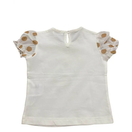 maglietta ballerina neonato pois Y Clu bianca con maniche a sbuffo a pois beige e chiusura a goccia sul retro
