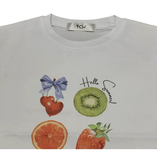 Maglietta bambina bianca frutta con stampa di kiwi, fragola, arancia e ciliegia di Y-Clù