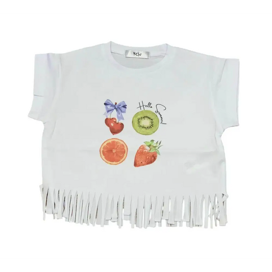 Maglietta bambina bianca frutta con stampa kiwi fragola e arancia e frange al fondo Y-Clù
