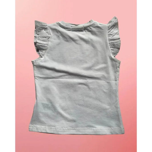 maglietta bambina gelato Yclù bianca vista posteriore con maniche a volant in cotone su sfondo rosa